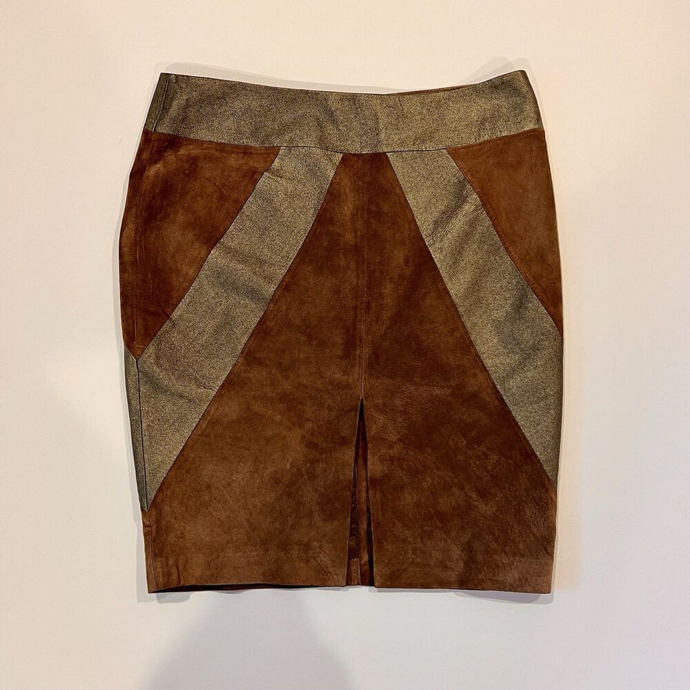 VTG GUESS‎ By Marciano 100% Genuine Leather Skirt Brown Size 6 Metallic Panel